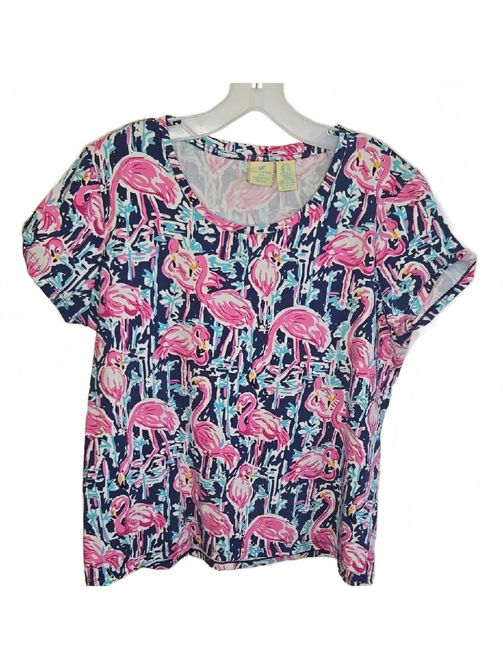 Caribbean Joe Petite XL Flamingo Print Short Sleeve Shirt